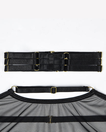 Brelynn - 4-częściowy komplet bielizny z prześwitującej siateczki z biustonoszem i stringami