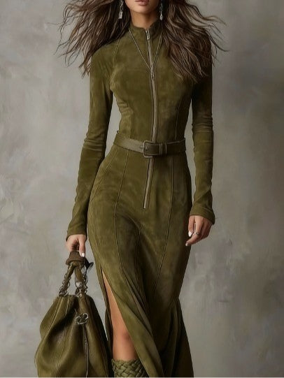 Kaelira – Długa zamszowa sukienka maxi