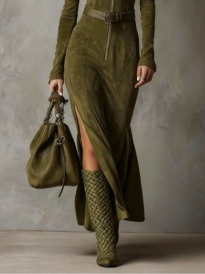 Kaelira – Długa zamszowa sukienka maxi